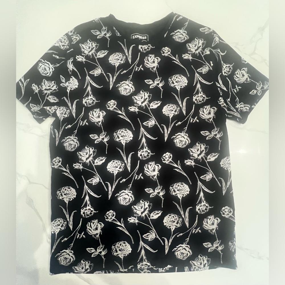 Express black shirt with white roses size L excellent condition